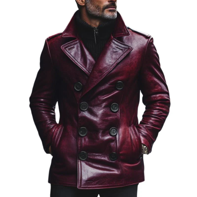 Men's Vintage Notch Lapel Double Breasted Slim Fit Leather Coat 9261100957880