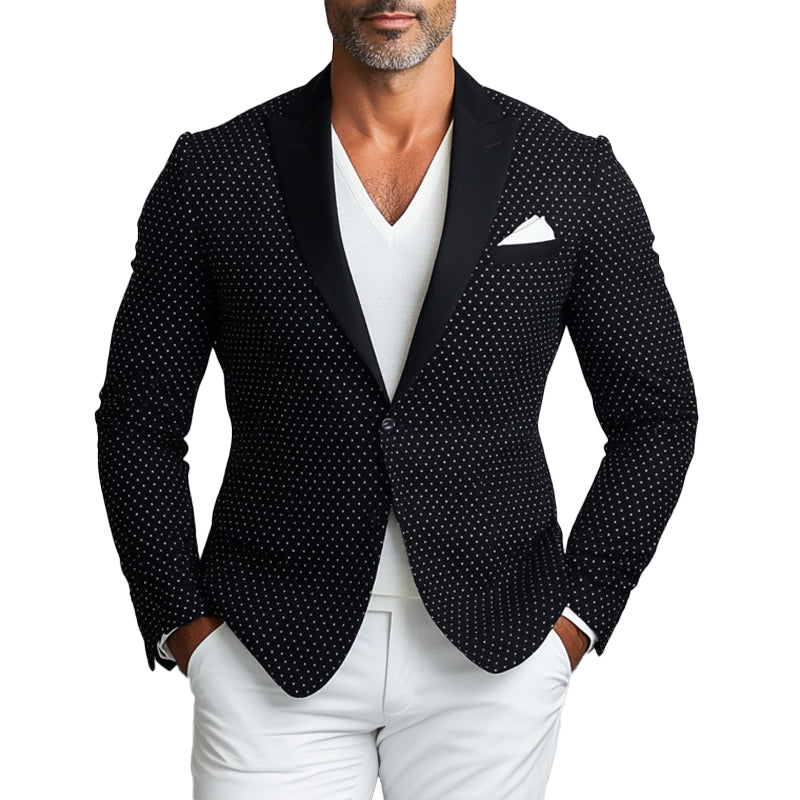 Men's Polka Dot Peaked Lapel One Button Long Sleeve Chest Pocket Blazer 9899606737080