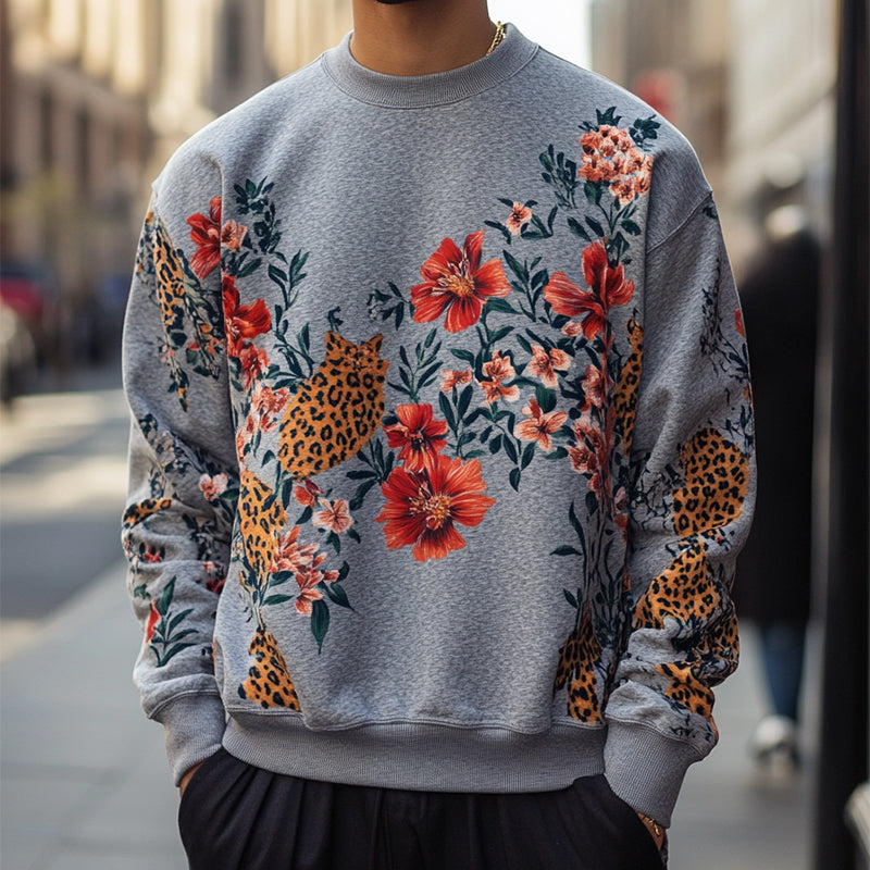 Men's Retro Casual Floral Leopard Print Crew Neck Sweatshirt 9893975326904