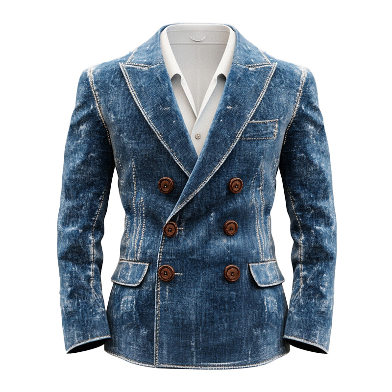 Men's Peak Lapel Double Breasted Washed Denim Long Sleeve Blazer 9917068509368