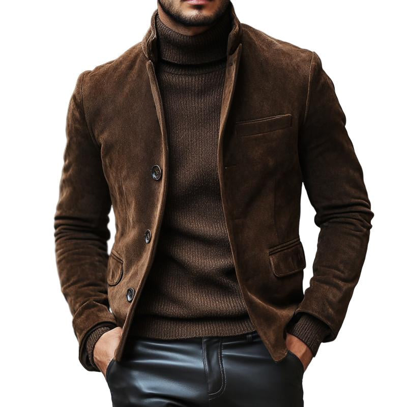 Men's Vintage Stand Collar Suede Slim Short Blazer 9878729556152