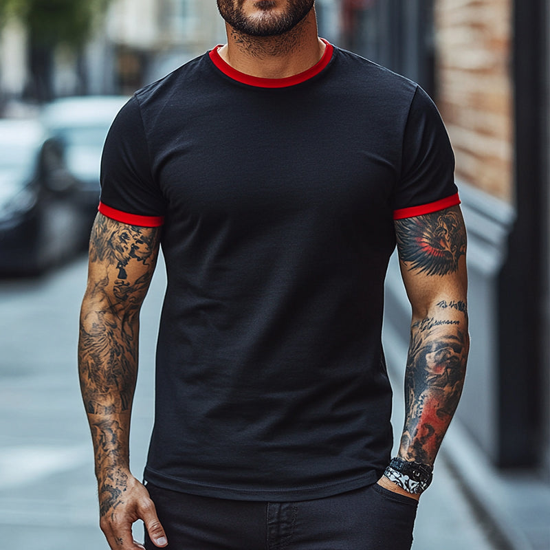 Men's Retro Casual Contrast Color Round Neck Short Sleeve T-Shirt 9903253094584