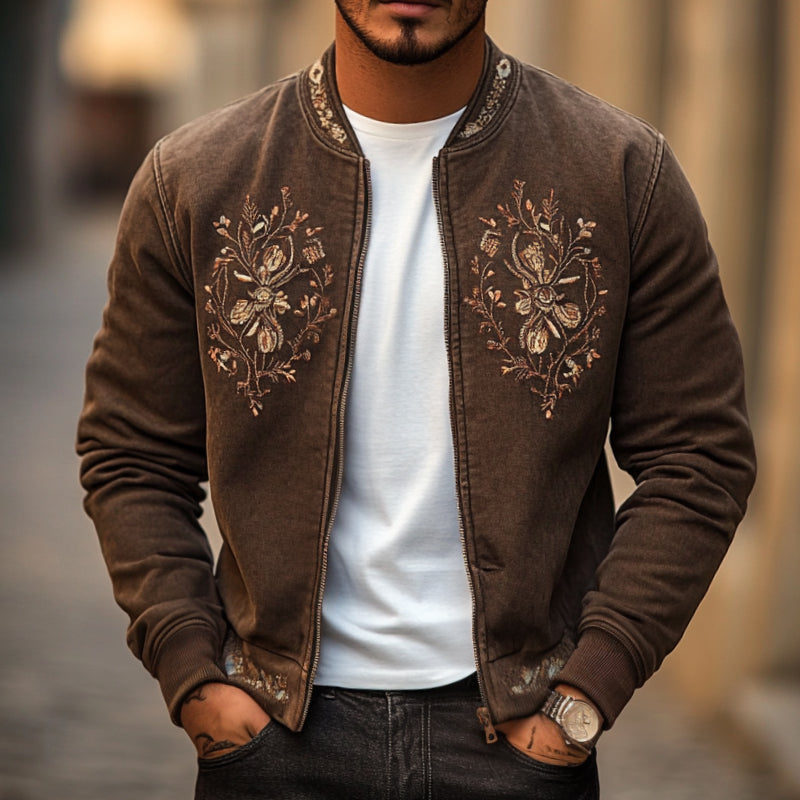 Men's Vintage Casual Embroidered Distressed Stand Collar Zipper Jacket 9901326303416