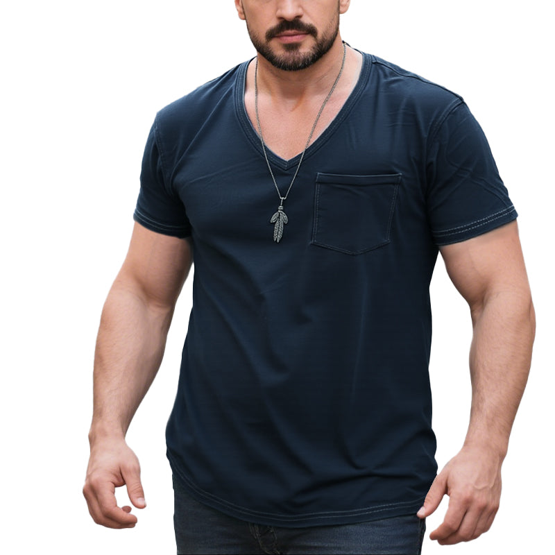 Men's V Neck Breast Pocket Short Sleeve Cargo T-shirt 9261120716984