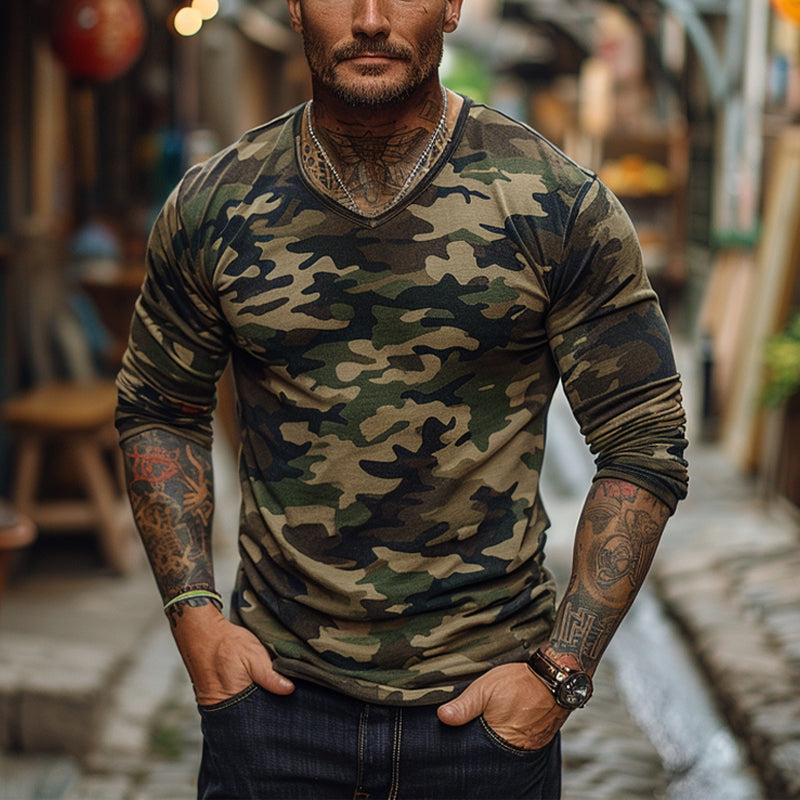 Men's Outdoor Camouflage Print V-neck Long-sleeved T-shirt 9894193070264