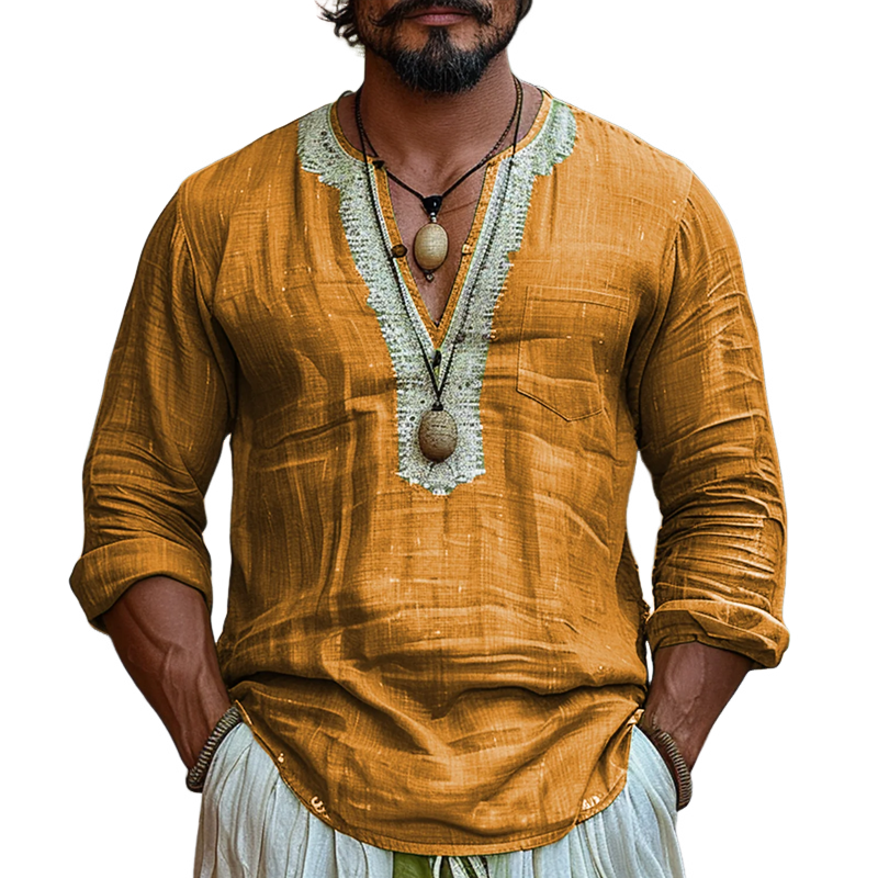 Men's Ethnic Style V Neck Long Sleeve Cotton And Linen Loose Shirt 9899715494072