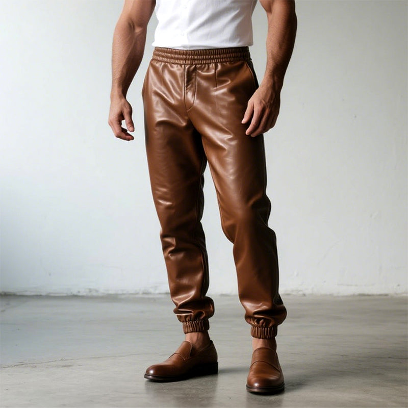 Men's Solid Color Leather Jogger Pants 250600969
