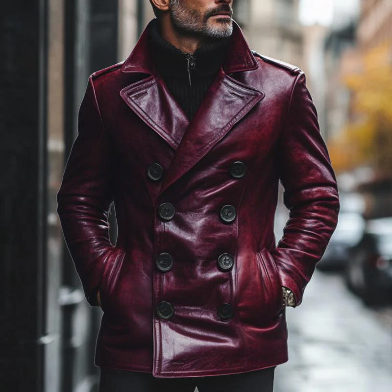 Men's Vintage Notch Lapel Double Breasted Slim Fit Leather Coat 9261100957880