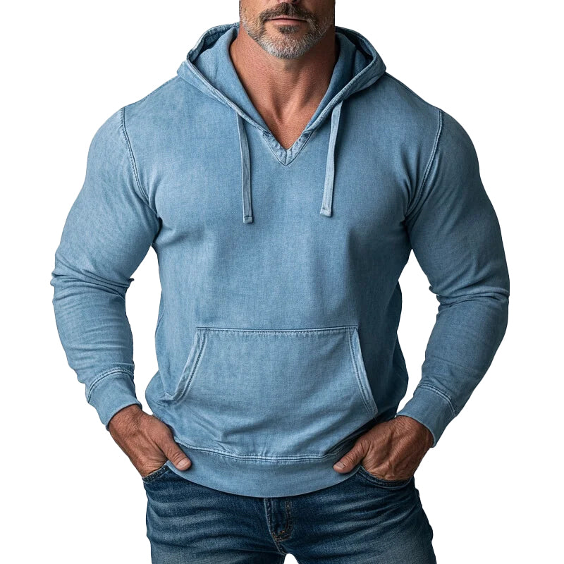 Men's Denim Kangaroo Pocket Long Sleeve Drawstring Hoodie 9899606835384