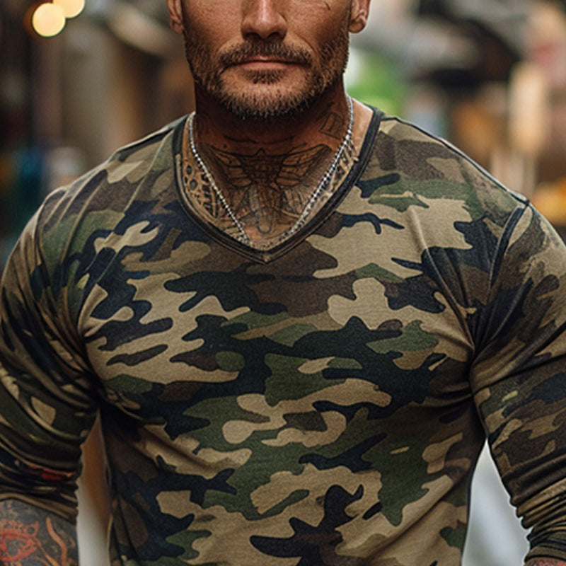 Men's Outdoor Camouflage Print V-neck Long-sleeved T-shirt 9894193070264