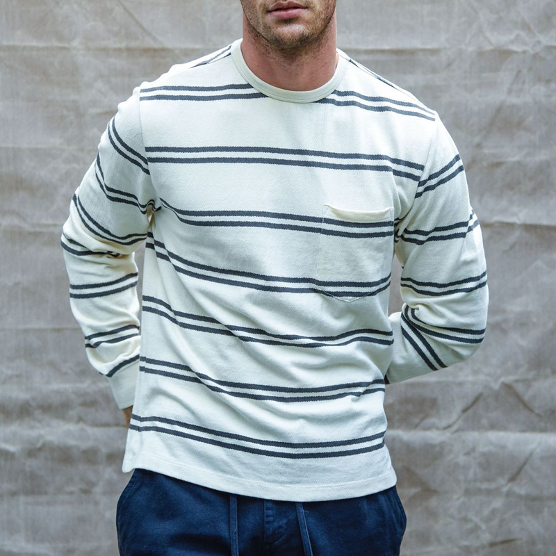 Men's Fashion Striped Round Neck Chest Pocket Long Sleeve T-shirt 9890060468408