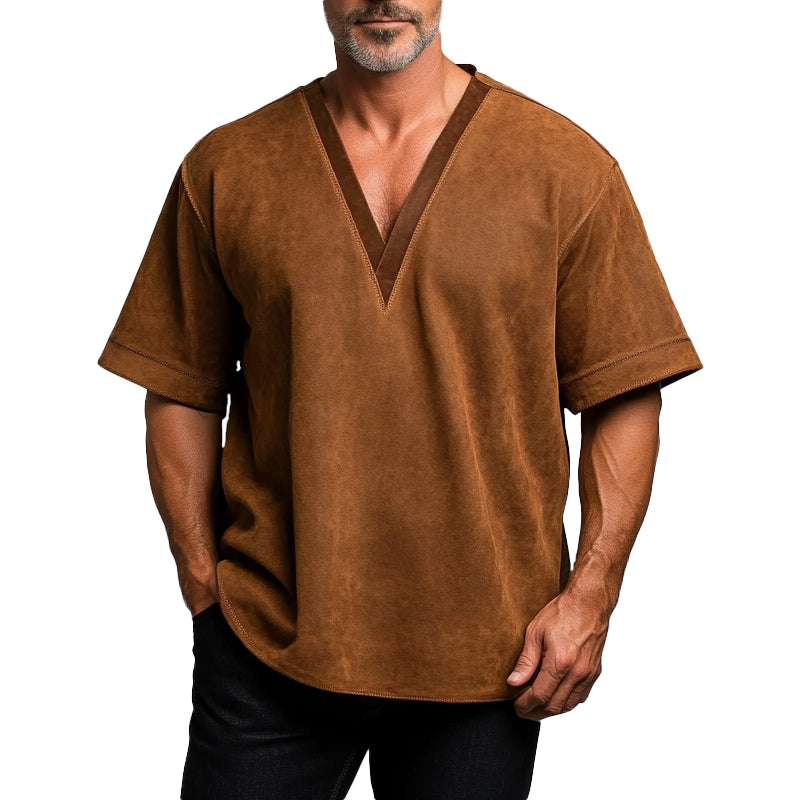 Men's Suede Solid V Neck Short Sleeve T-Shirt 9903587786936