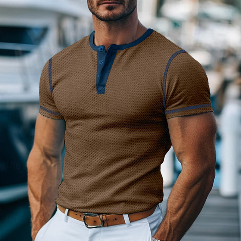 Men's Contrast Color Short Sleeve Henley Neck T-Shirt 9894192677048