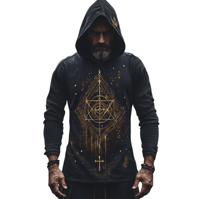 Men's Retro Casual Ethnic Style Geometric Printed Hooded Long Sleeve T-Shirt 9899720081592