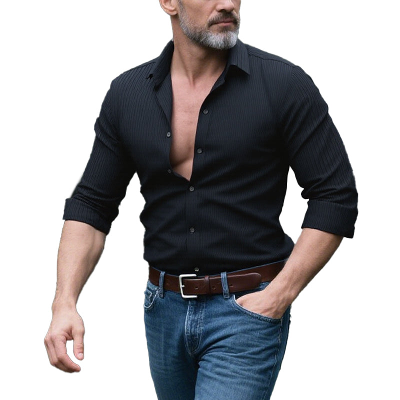 Men's Solid Striped Lapel Long Sleeve Casual Shirt 9261798883512