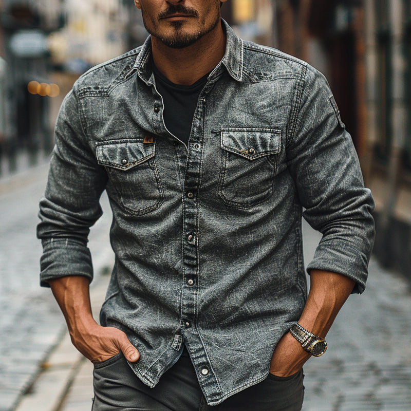 Men's Vintage Single Breasted Lapel Denim Long Sleeve Shirt 9894195134648