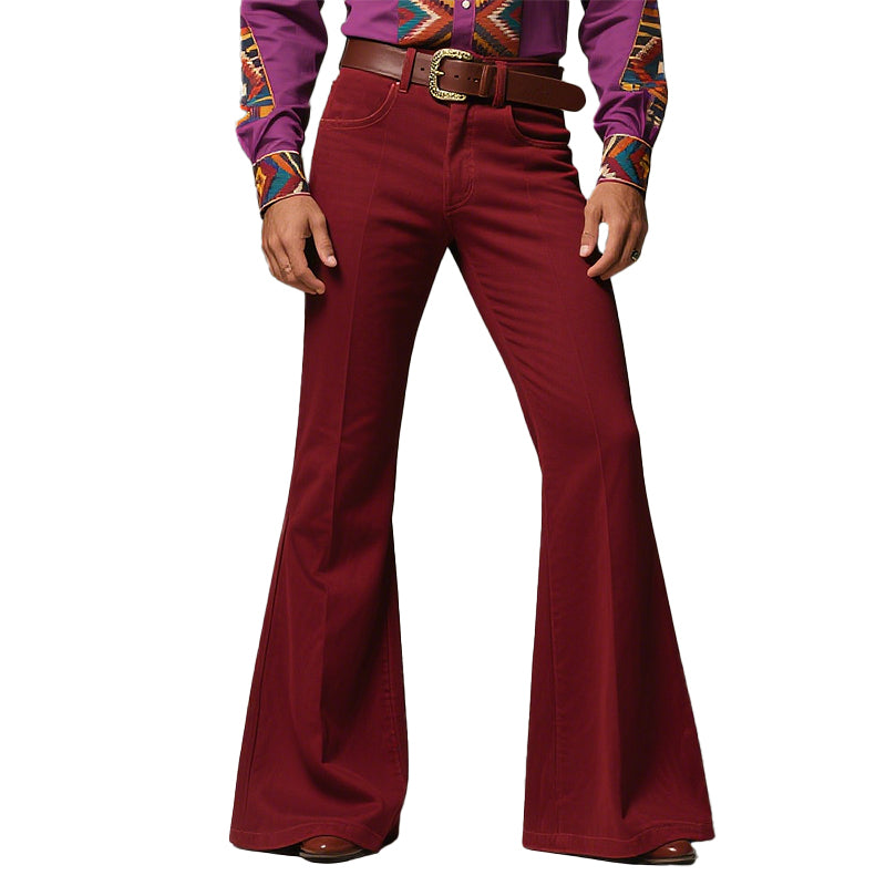 Men's Side Pockets Flared Leg Solid Color Retro Pants 9956580491448
