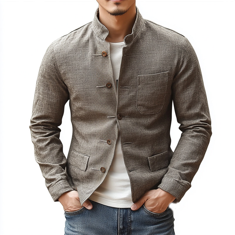 Men's Vintage Cotton and Linen Stand Collar Slim Jacket 9905396318392