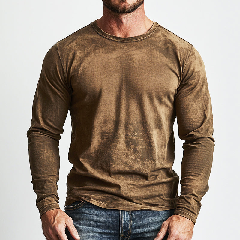 Men's Retro Casual Distressed Printed Round Neck Long Sleeve T-Shirt 9911545954488