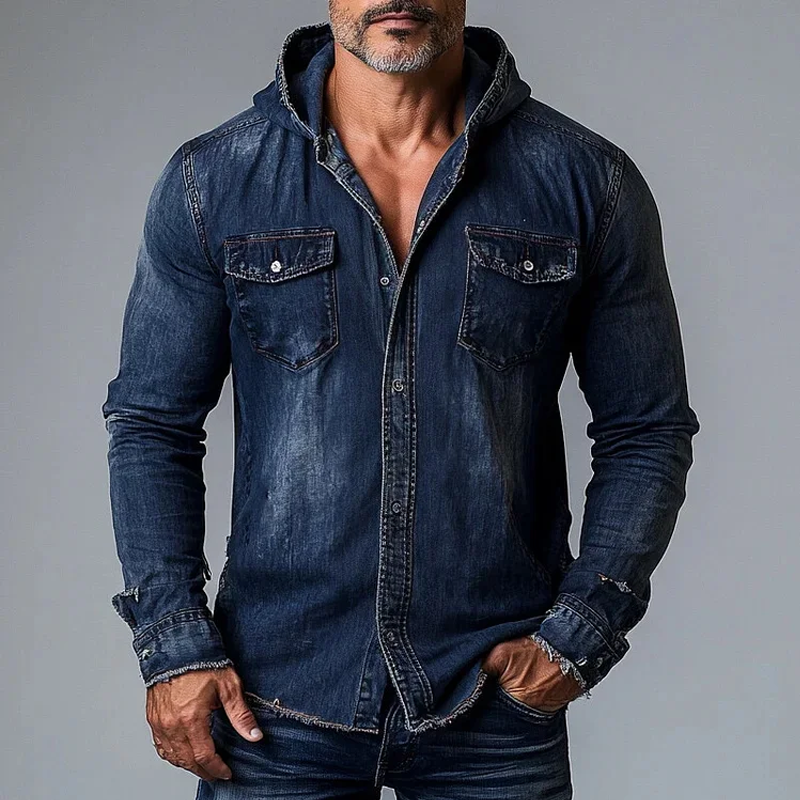 Men's Fashion  Sanding Distressed Hooded Chest Pocket Denim Shirt 9901319618744