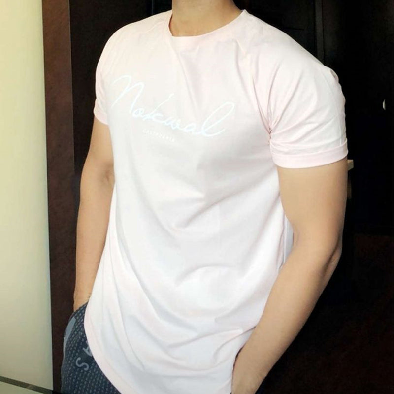 Men's Light Pink Printed Slim Fit Short-sleeved T-shirt 9911548182712