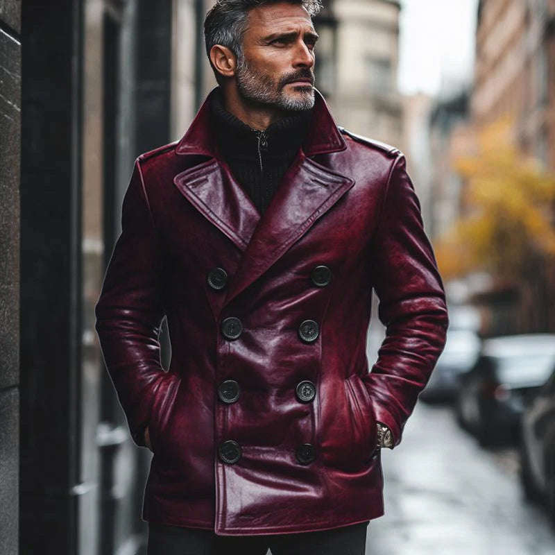 Men's Vintage Notch Lapel Double Breasted Slim Fit Leather Coat 9261100957880