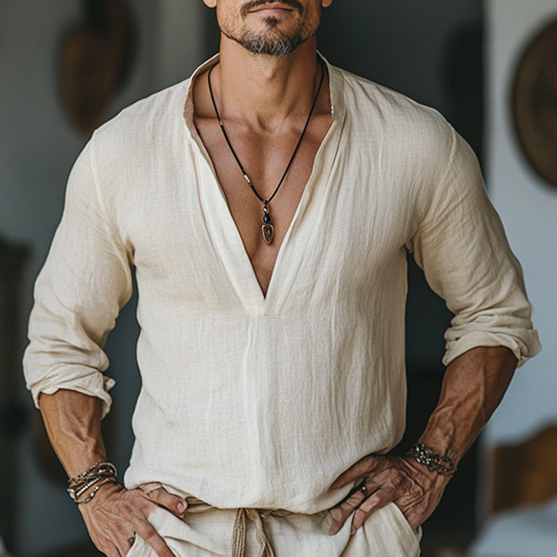 Men's Skin-friendly Casual V-neck Cotton and Linen Long-sleeved T-shirt 9892385915064