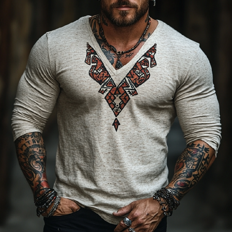 Men's Casual Slim Fit V-Neck Printed Cotton Long Sleeve T-Shirt 9902009843896