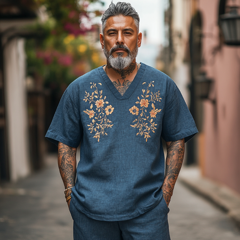 Men's Casual Vintage V-neck Cotton Blend Embroidered Short-sleeved T-shirt 9912946229432