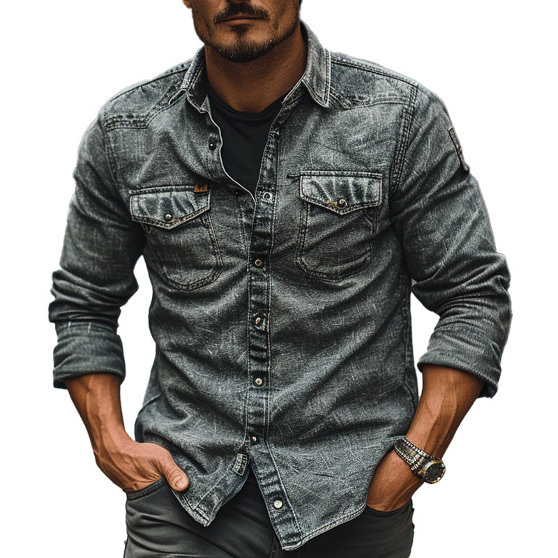 Men's Vintage Single Breasted Lapel Denim Long Sleeve Shirt 9894195134648