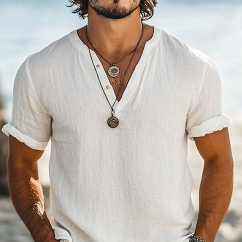 Men's Casual Simple V-neck Linen Short-sleeved T-shirt 9899738267832