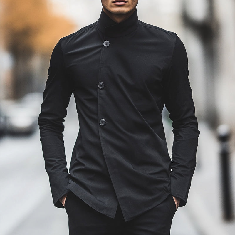 Men's Retro Casual Solid Color Stand Collar Slim Fit Long Sleeve Shirt 9903251030200