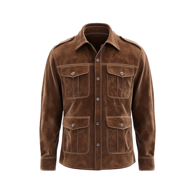 Men's Suede Single Breasted Flap Pocket Long Sleeve Safari Shirt 9913235407032