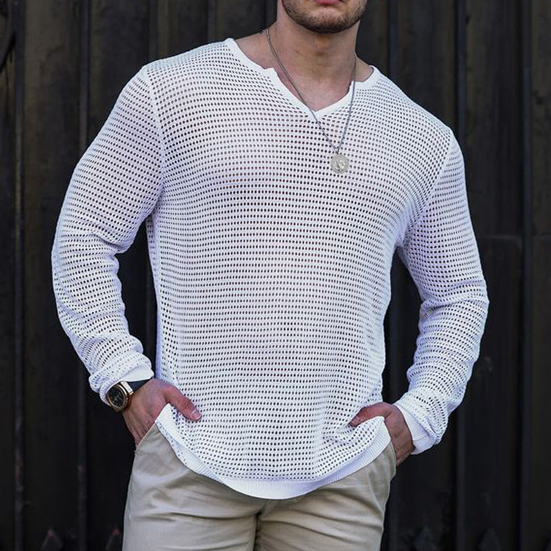 Men's Skin-friendly Mesh V-neck Knitted Long Sleeve T-shirt 9899720573112