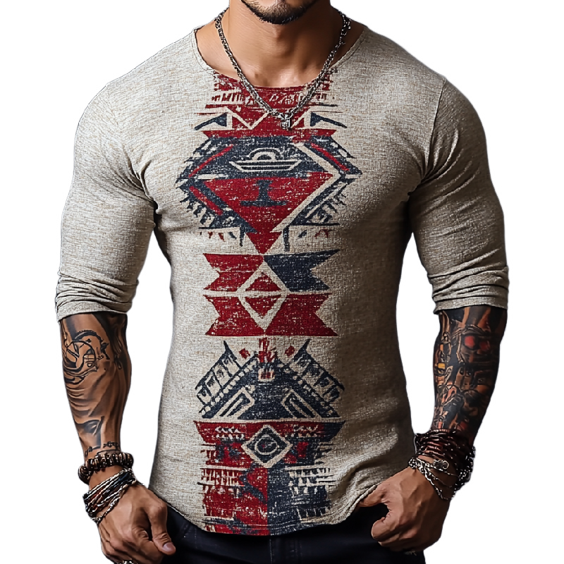 Men's All-match Slim Round Neck Knitted Printed Long-sleeved T-shirt 9903258239160
