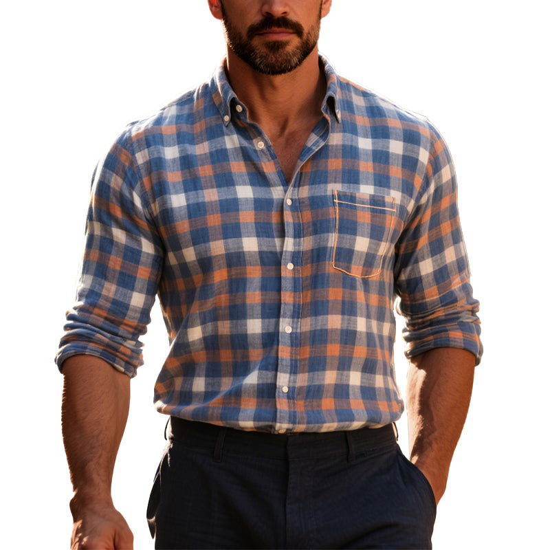 Men's Checkered Long Sleeve Cotton Linen Shirt 250700078
