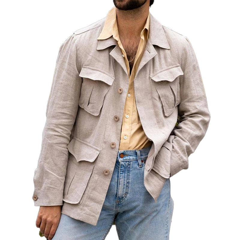 Men's Cotton and Linen Casual Multi-pocket Blazer 9893975851192
