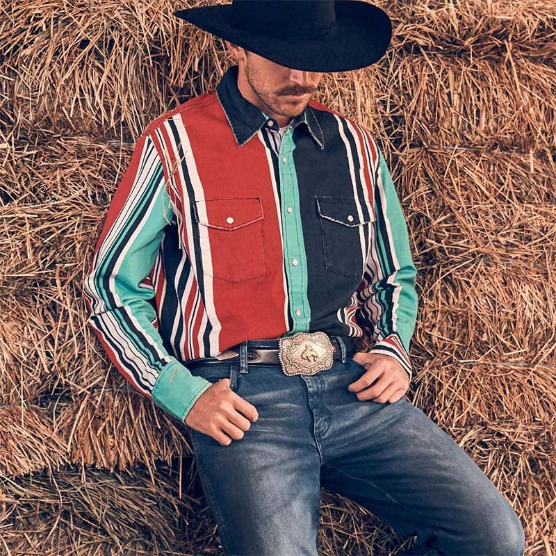 Men's Retro Casual Western Style Vertical Striped Long Sleeve Shirt 9903260729528