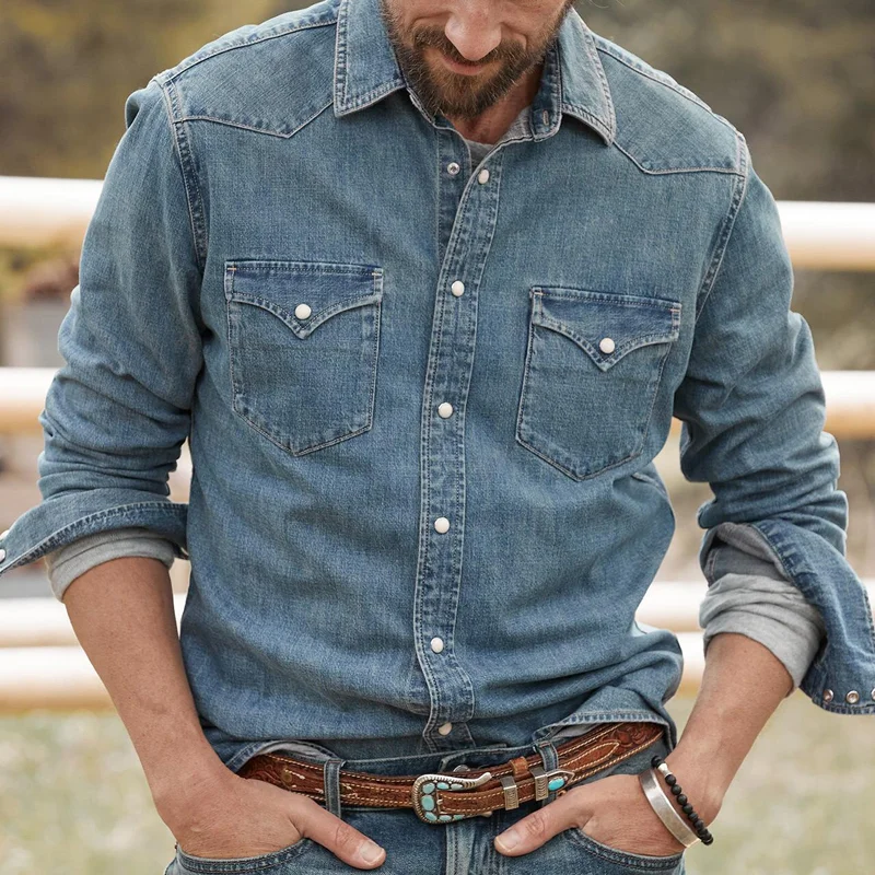 Men's Fashion Western Style Lapel Long Sleeve Denim Shirt 9903250571448