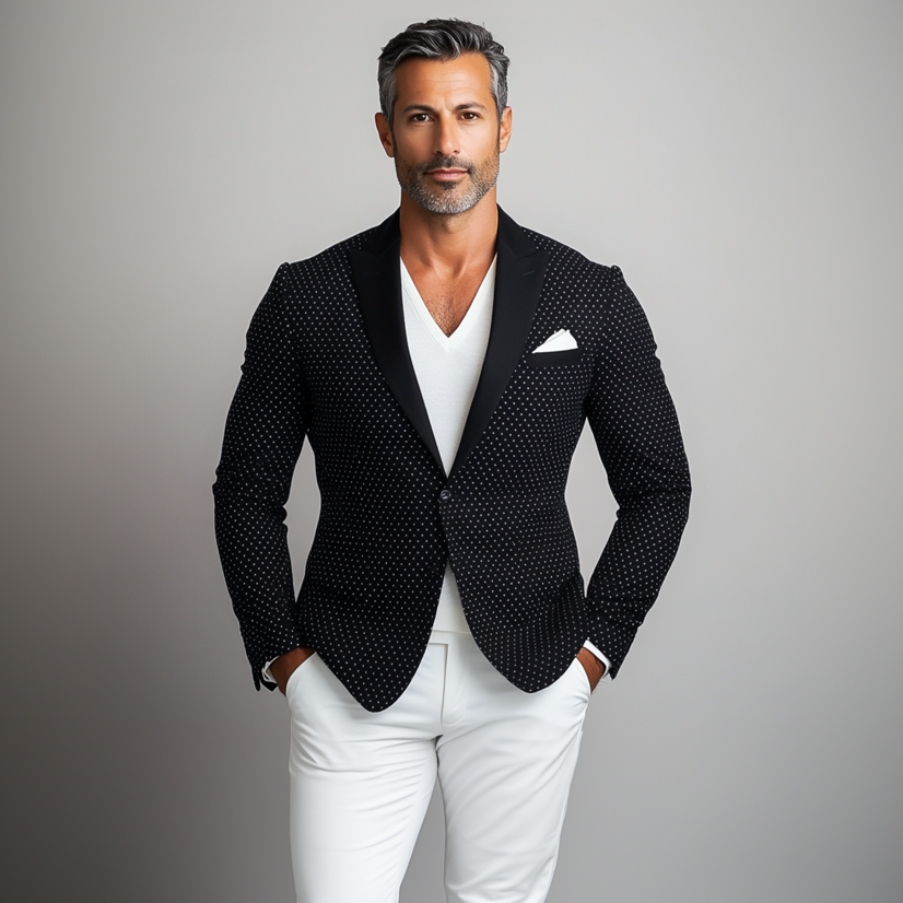 Men's Polka Dot Peaked Lapel One Button Long Sleeve Chest Pocket Blazer 9899606737080