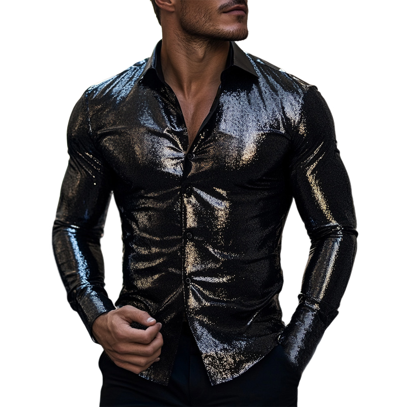 Men's Slim Fit Solid Color Shiny Long Sleeve Shirt 9892392468664