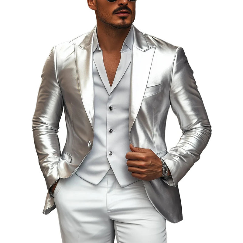 Elegant Silver Satin Single Breasted Blazer 9904641310904
