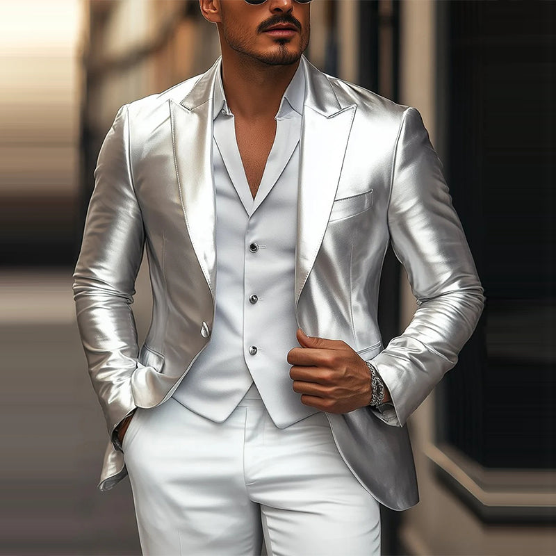 Elegant Silver Satin Single Breasted Blazer 9904641310904