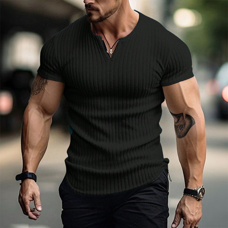Men's Slim Fit Small V-neck Solid Color Ribbed Short-sleeved T-shirt 9901327450296