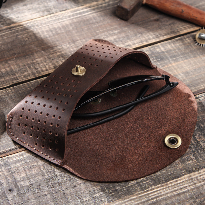 Men's Portable Top Layer Cowhide Hollow Glasses Storage Bag 9901318602936