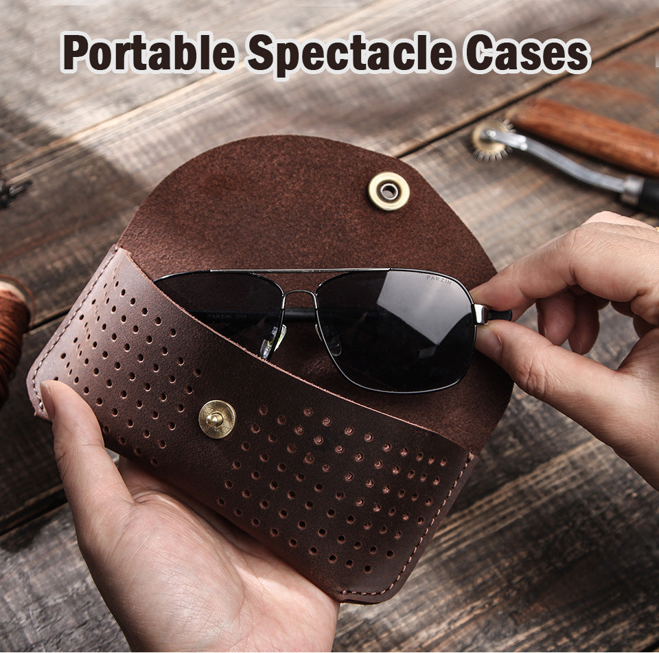 Men's Portable Top Layer Cowhide Hollow Glasses Storage Bag 9901318602936