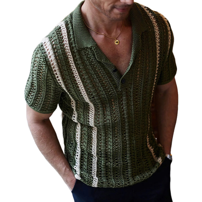 Men's Vintage Green Hollow Knitted Polo Neck T-Shirt 9922016673976