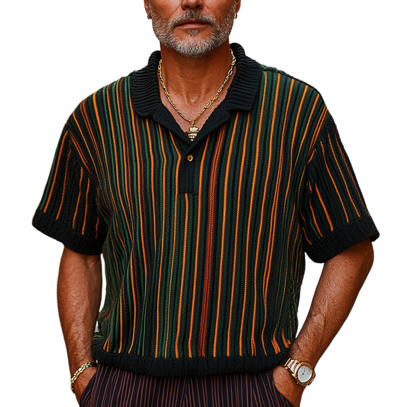 Men's Retro Colorblock Vertical Stripe Knitted T-Shirt 9922016772280