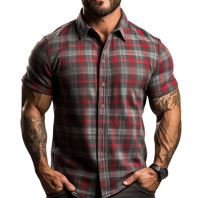 Men's Retro Casual Plaid Print Lapel Short Sleeve Shirt 9922014904504
