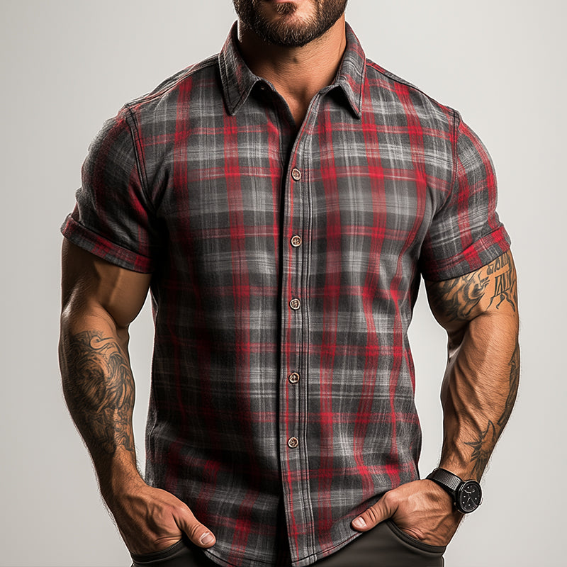 Men's Retro Casual Plaid Print Lapel Short Sleeve Shirt 9922014904504